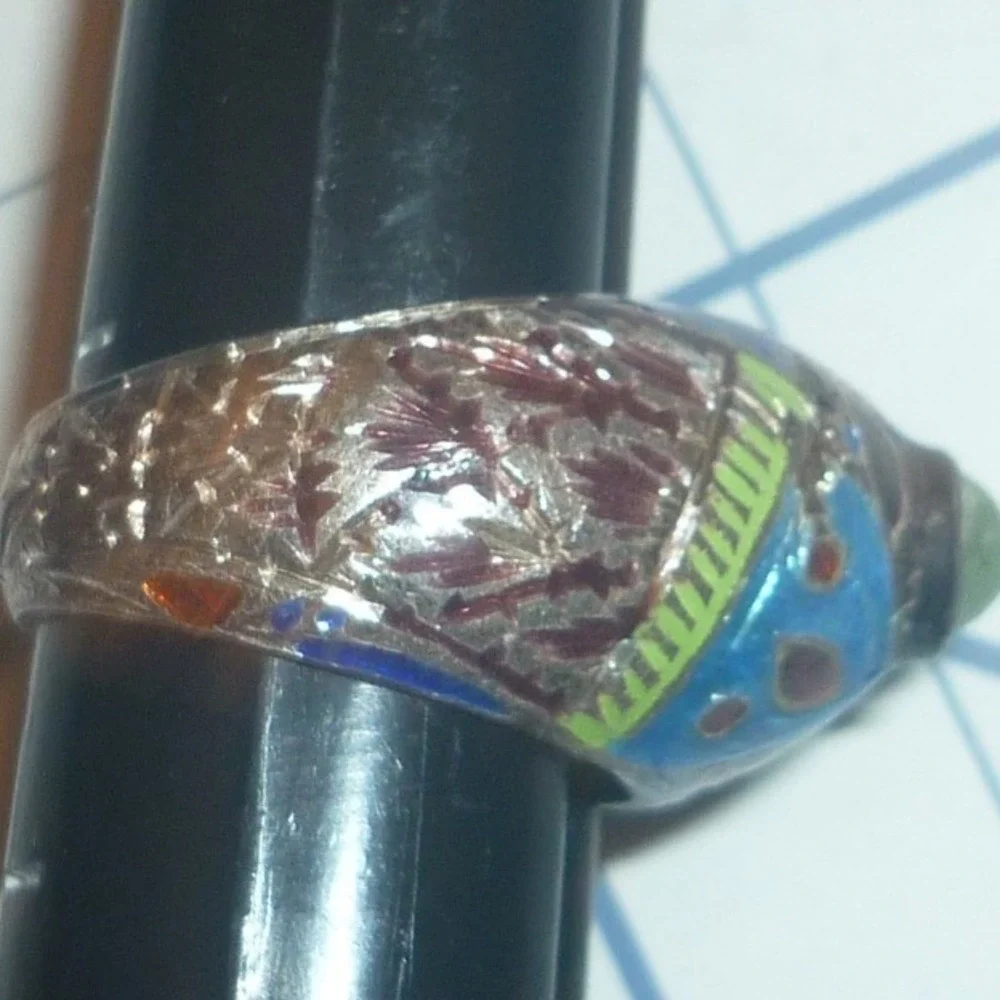 Vintage Chinese Export Cloisonne Enamel Silver Ring Green Cabochon Size 6.25